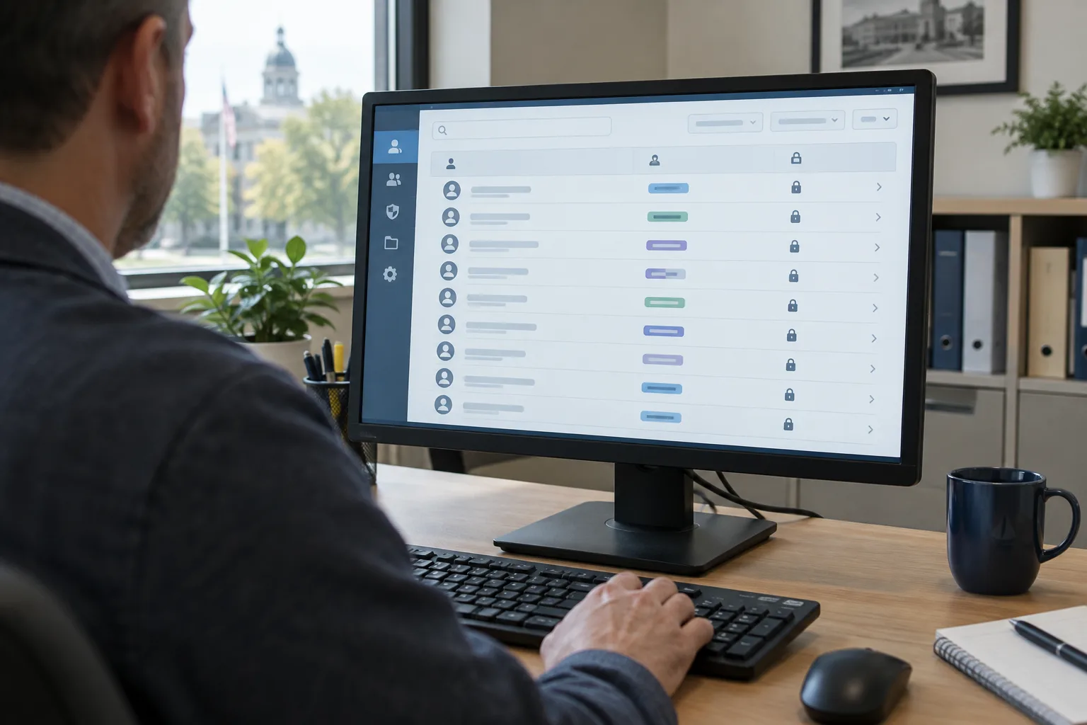 Un écran affiche une interface abstraite de gestion des comptes et des rôles d’accès.