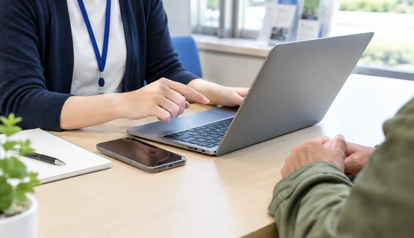 Un ordinateur et un téléphone sont posés sur un bureau d’accueil où une personne accompagne un usager.