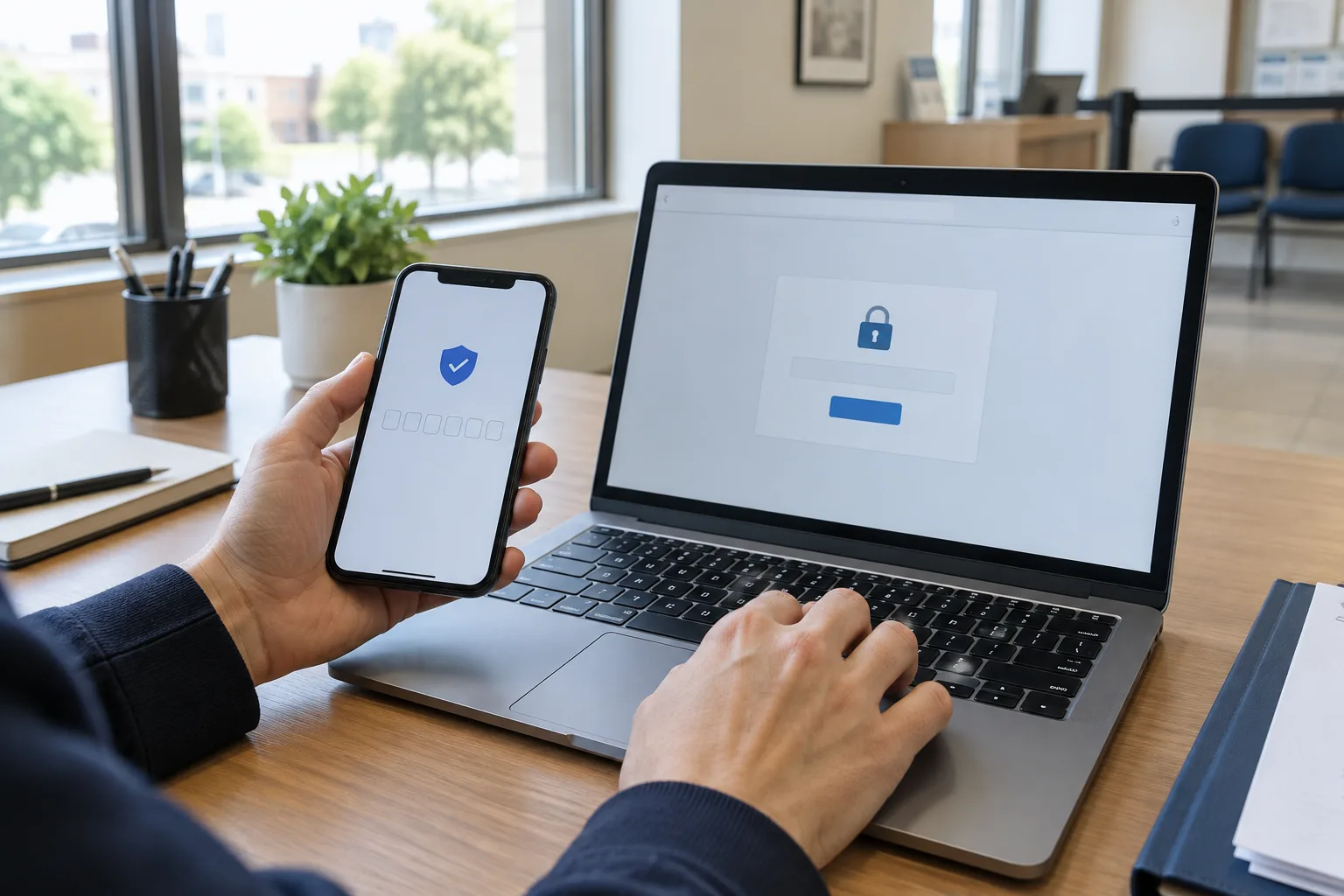 Un ordinateur et un téléphone utilisés pour tester un parcours d’authentification.