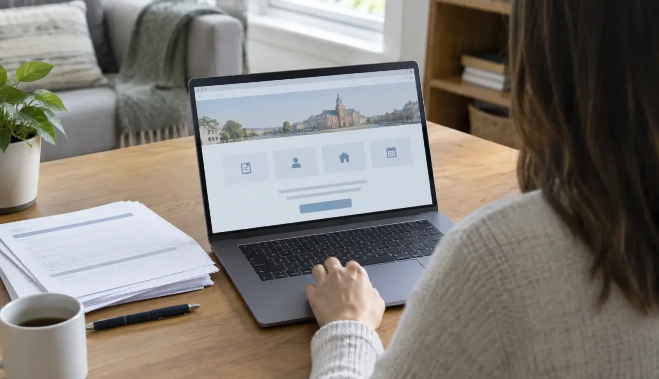 Une personne consulte un service public en ligne sur son ordinateur, avec des documents posés à côté.