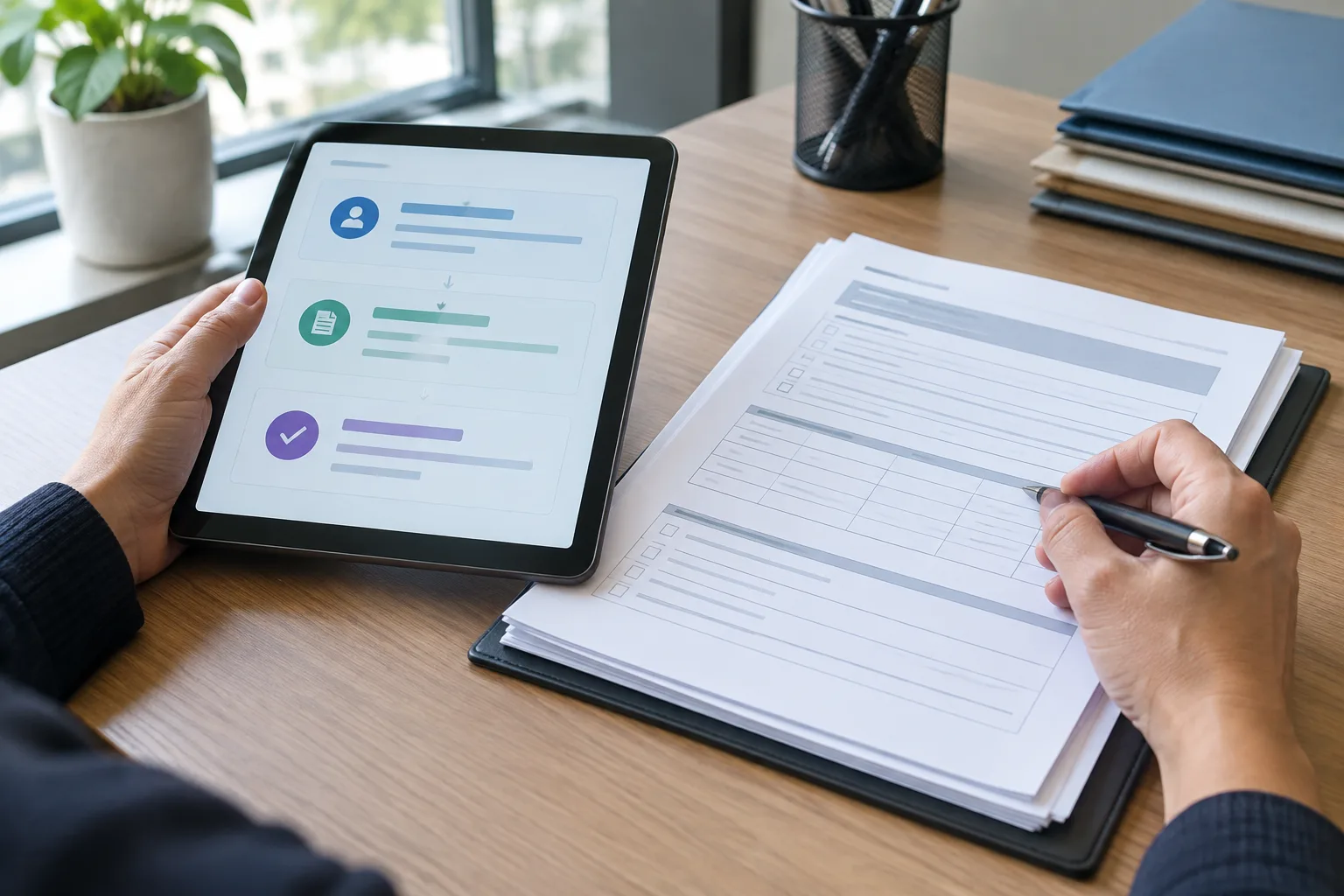 Des mains consultent une tablette et des documents administratifs sur un bureau de service public.