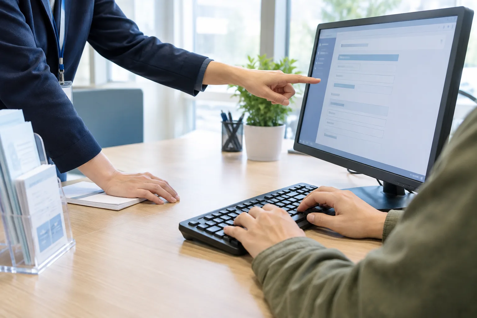 Un agent montre une étape sur l’écran tandis que l’usager garde la main sur le clavier.