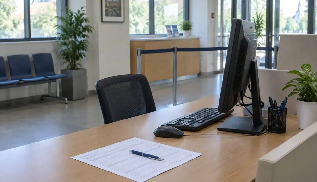 Espace d’accueil municipal avec un poste informatique utilisé pour accompagner les démarches en ligne.