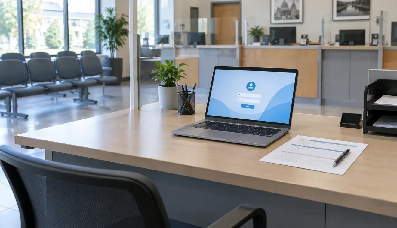 Un ordinateur ouvert sur un bureau d’accueil municipal, avec un formulaire papier posé à côté.