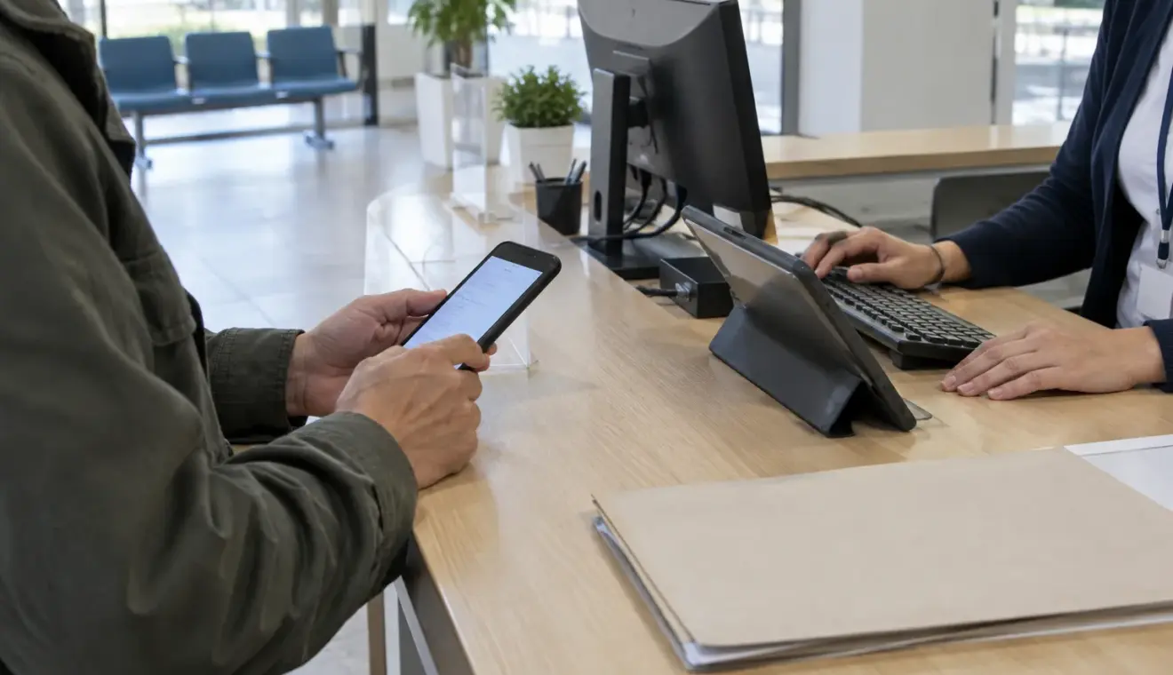 Un usager consulte son téléphone au comptoir d’un service municipal.