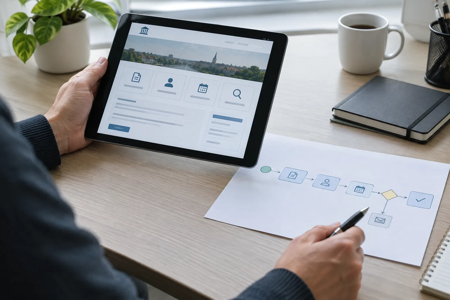 Les mains d’un agent municipal examinent une tablette et des documents de travail.