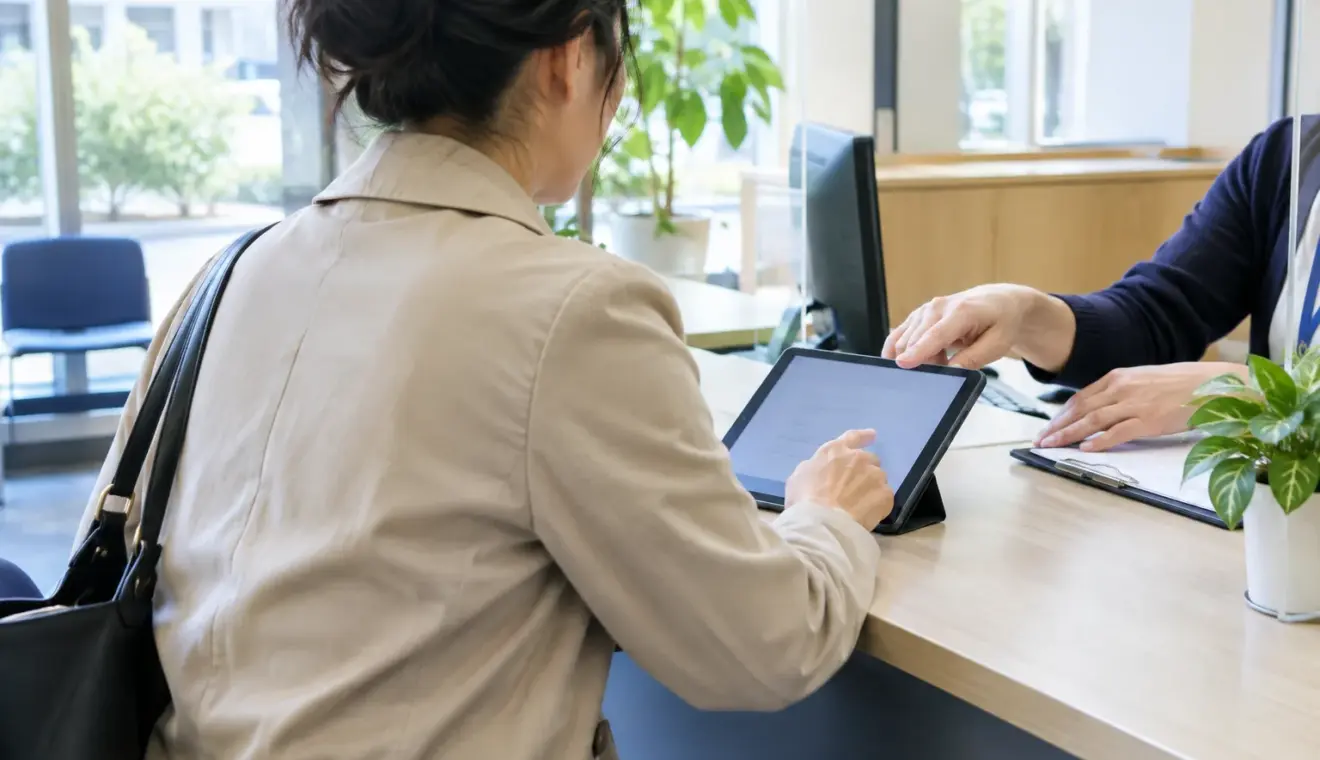Une personne consulte une tablette au guichet d’un service municipal.