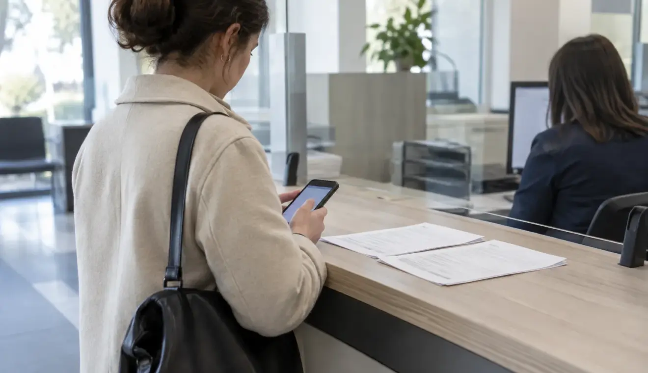 Un usager consulte son smartphone près de documents administratifs dans un espace d’accueil public.