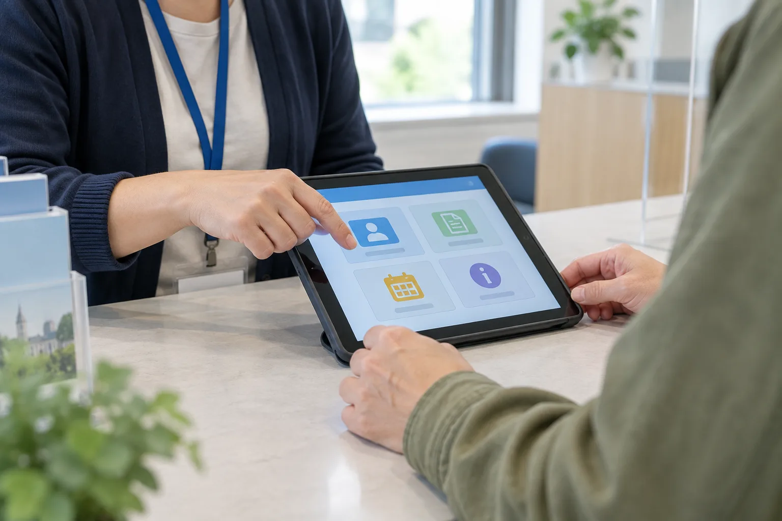 Un agent montre une tablette à un usager dans un espace d’accueil municipal.