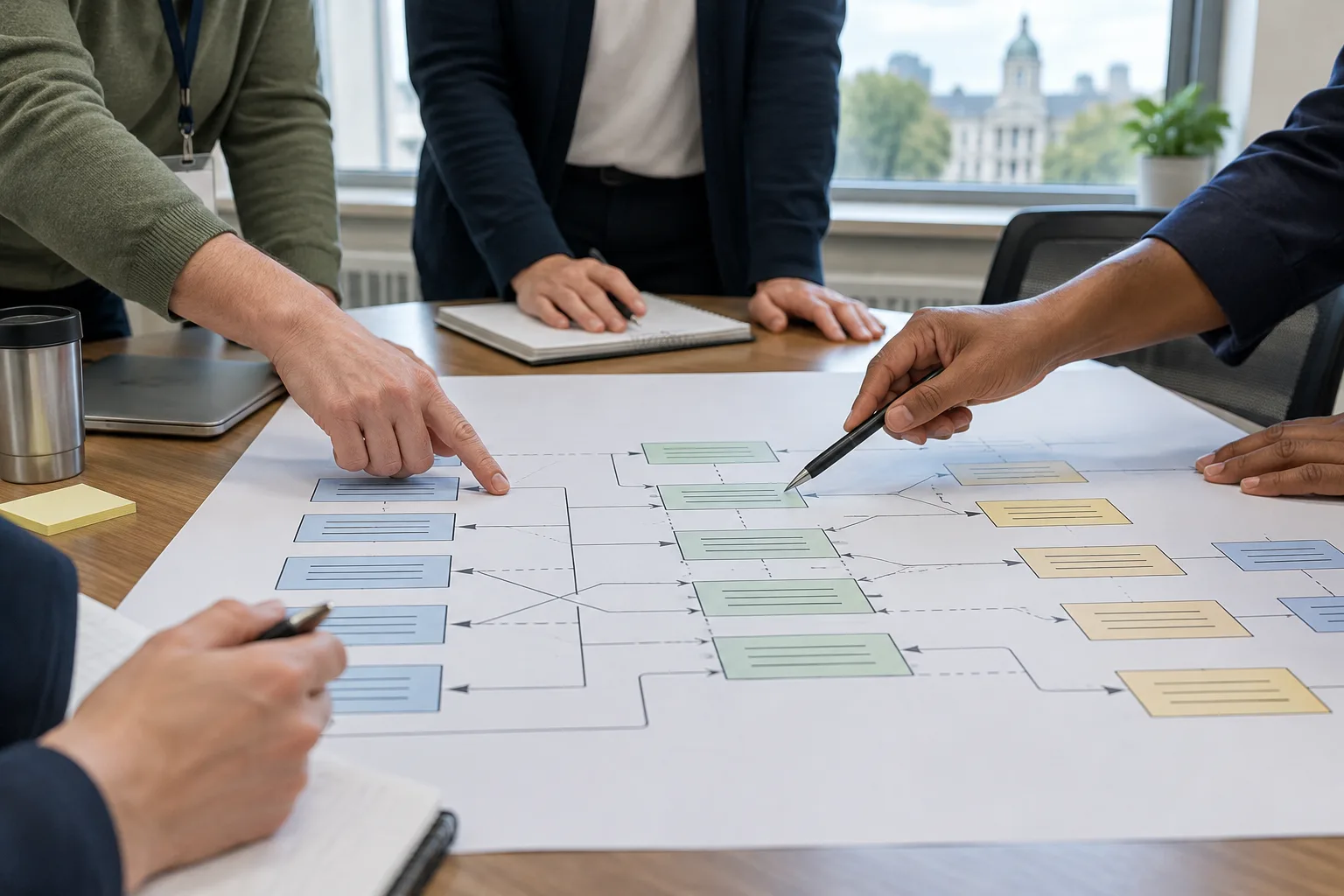 Des mains relient des champs d’information sur un schéma papier posé sur une table.