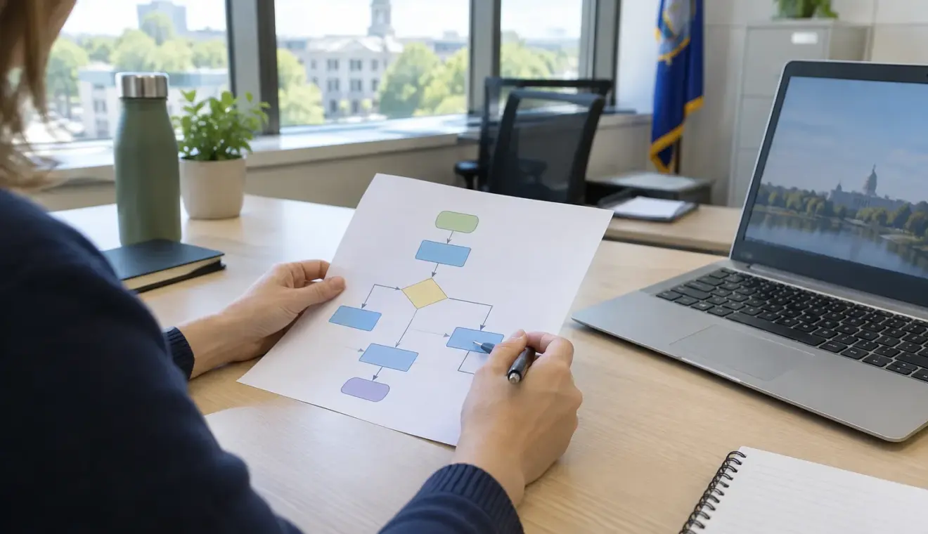 Un agent prépare sur papier le schéma d’échange de données entre deux outils informatiques.