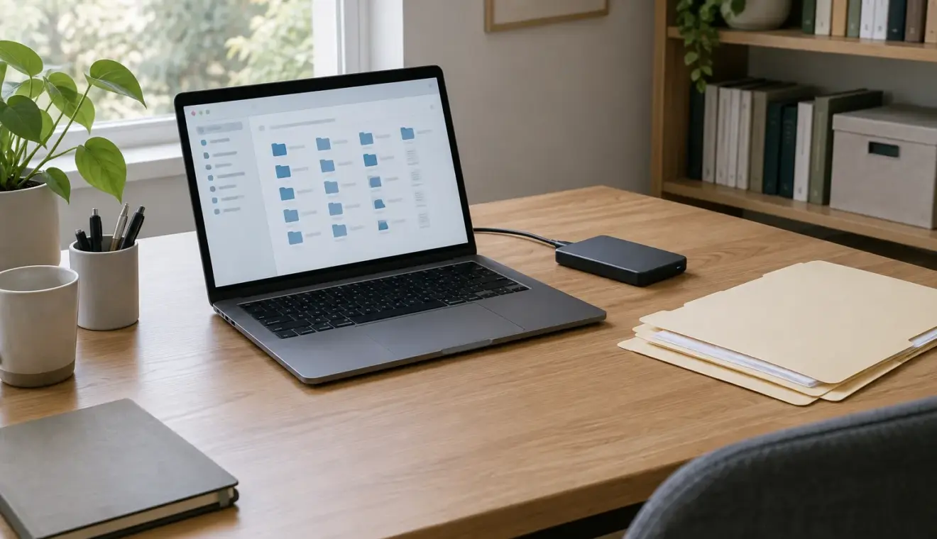 Ordinateur portable et dossiers rangés sur un bureau consacré au classement de documents.