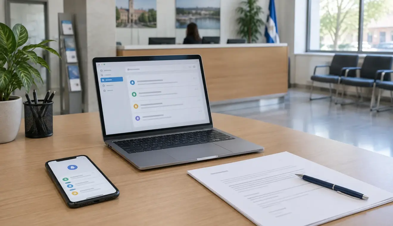 Un téléphone, un ordinateur et un document papier réunis sur un bureau de service public.