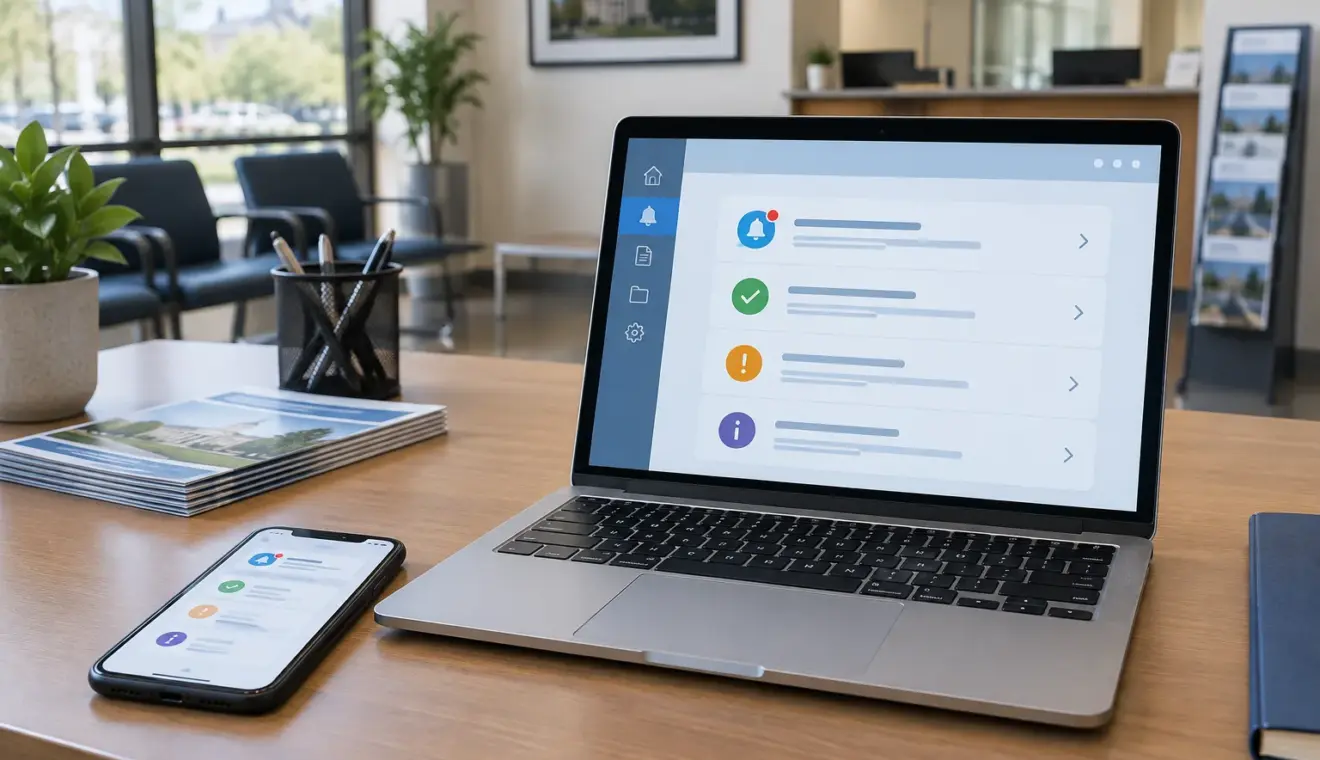 Un téléphone et un ordinateur affichent des interfaces génériques de notification sur un bureau de service public.