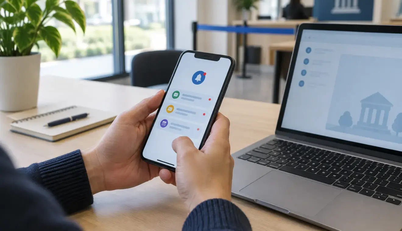 Un téléphone posé près d’un ordinateur affiche une notification administrative abstraite.