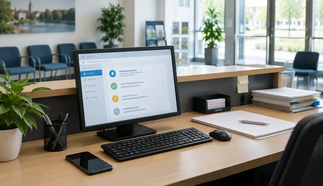 Un poste de travail en mairie avec un ordinateur et un téléphone utilisés pour gérer des notifications.