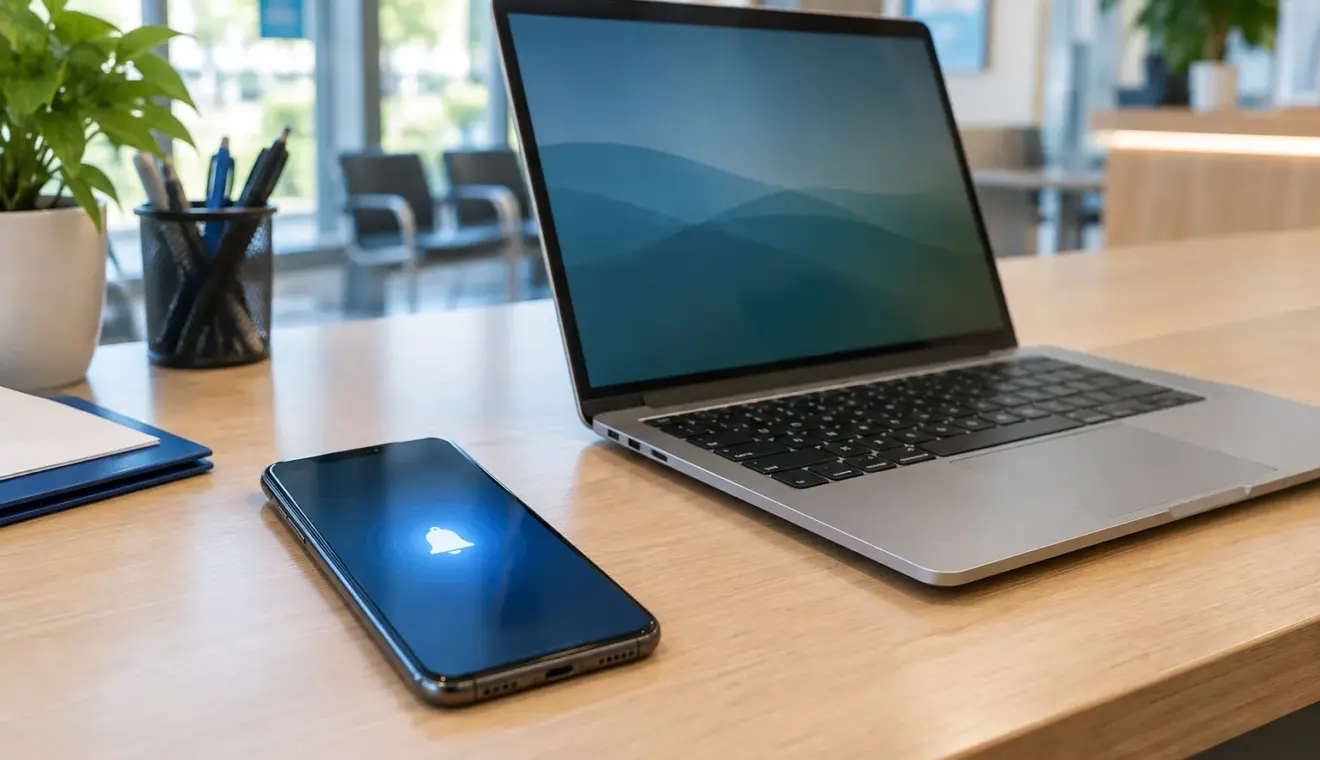 Un téléphone posé près d’un ordinateur sur un bureau de service public.