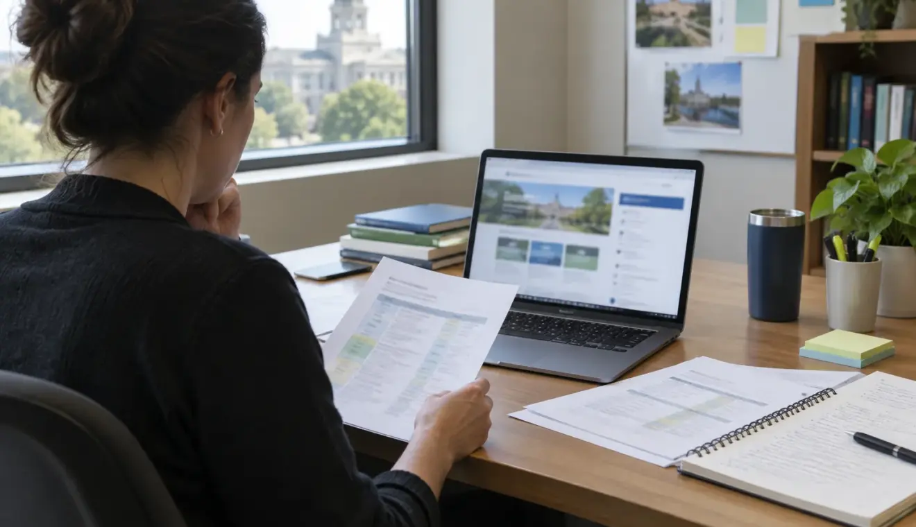 Un poste de travail avec un ordinateur et des documents utilisés pour examiner les contenus d’un site public.