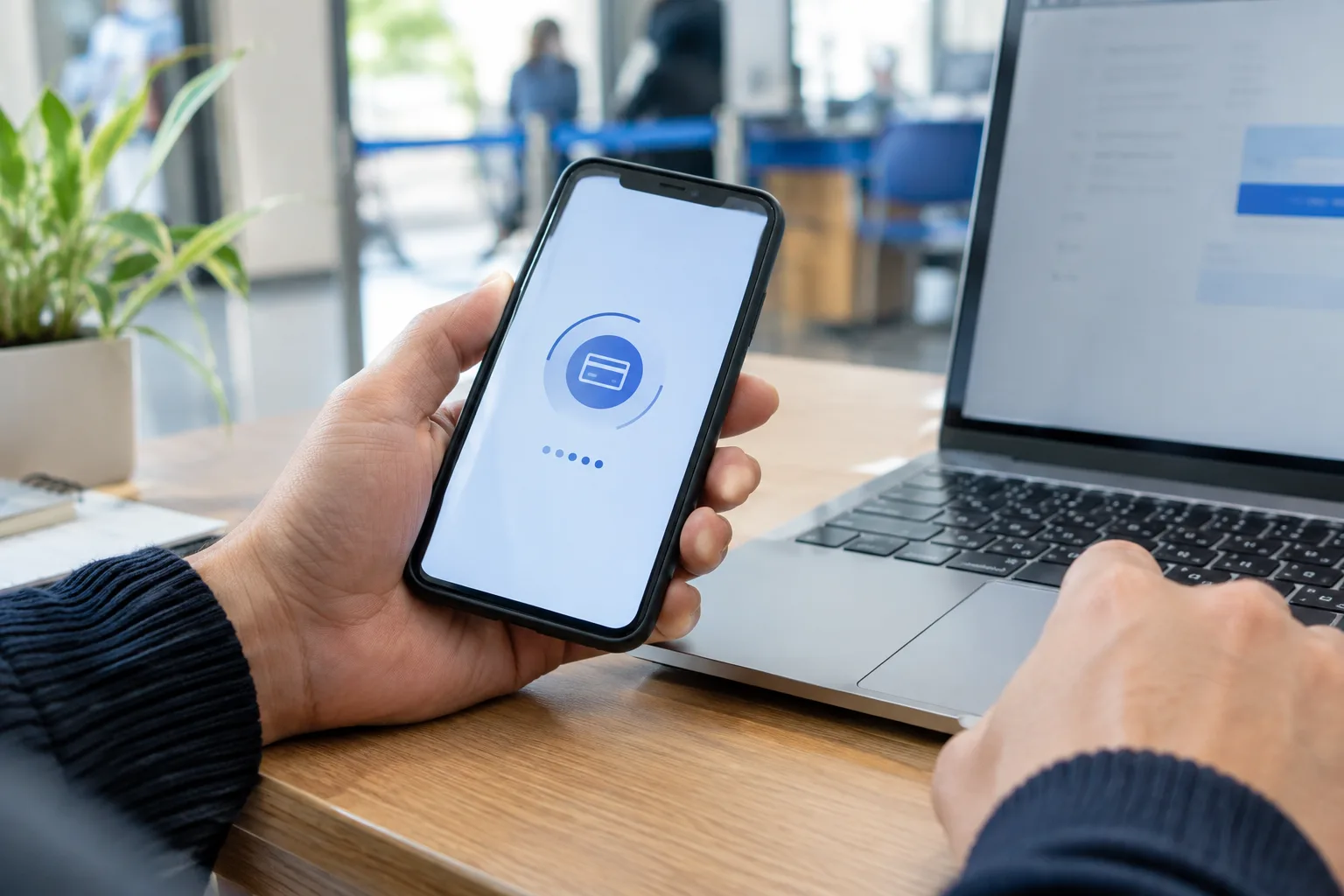Un usager consulte un portail de paiement sur un smartphone, près d’un ordinateur.