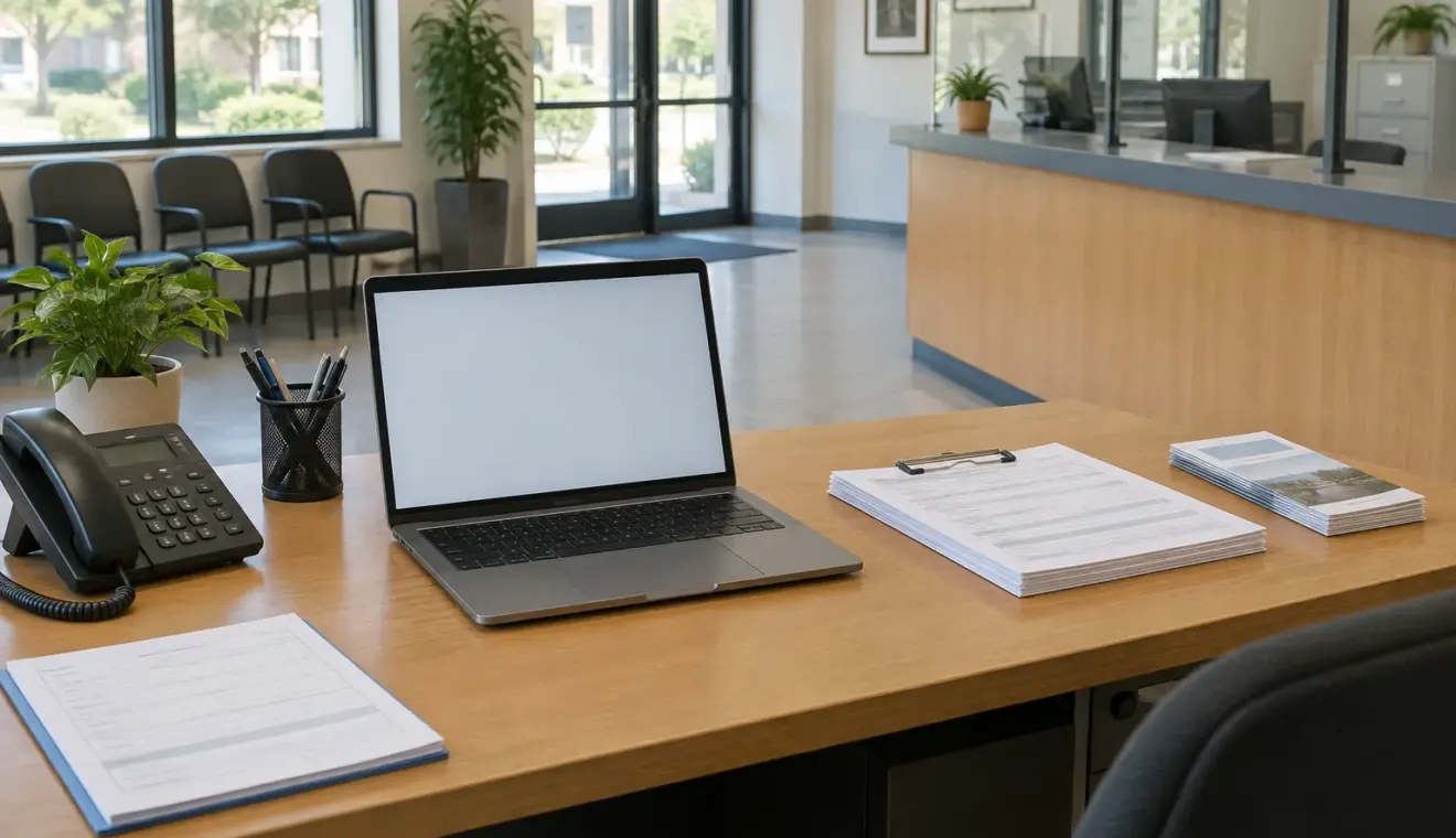 Ordinateur et documents sur un bureau d’accueil de service public.