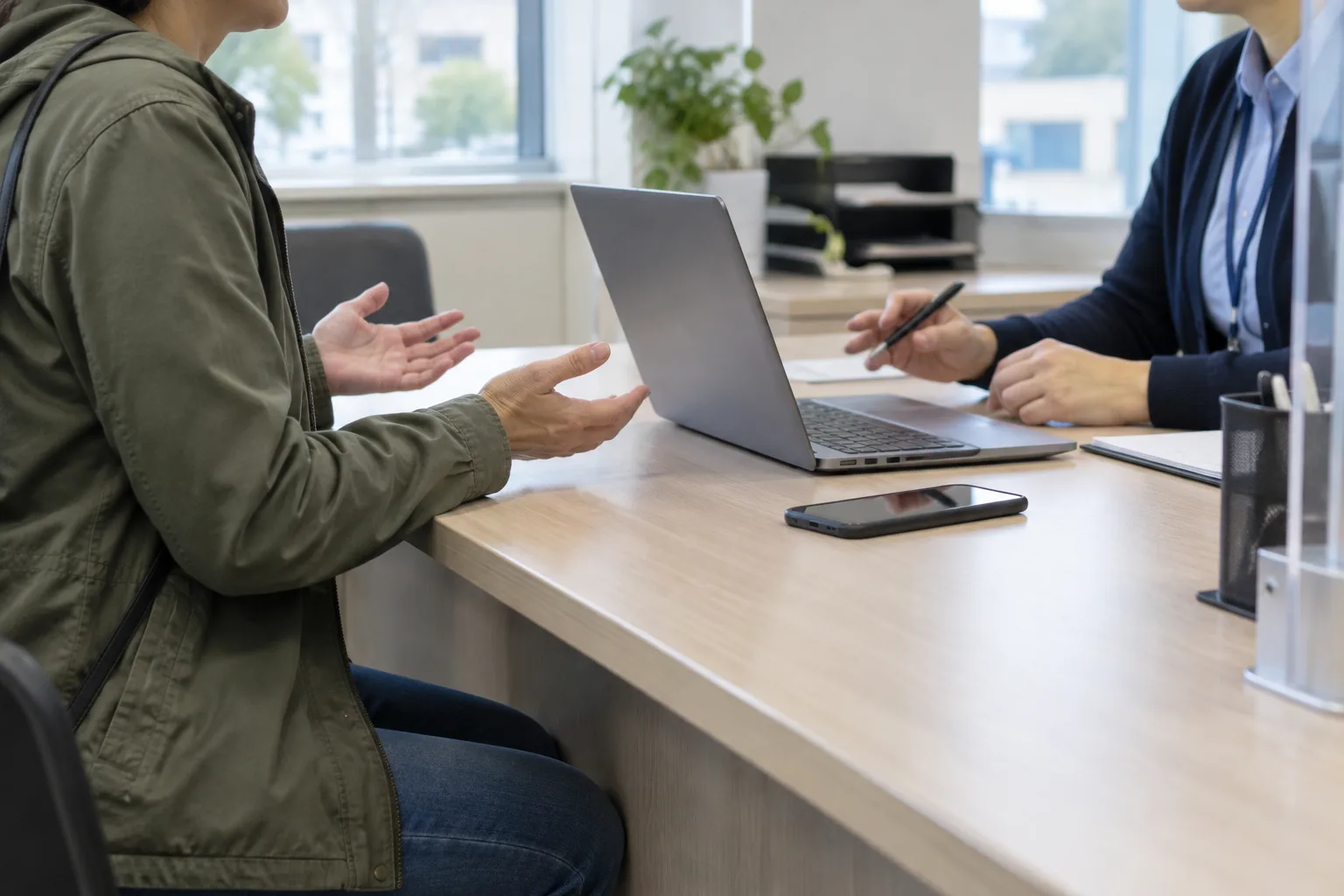 Un usager échange avec un agent au comptoir au sujet d’un accès à un compte devenu indisponible.