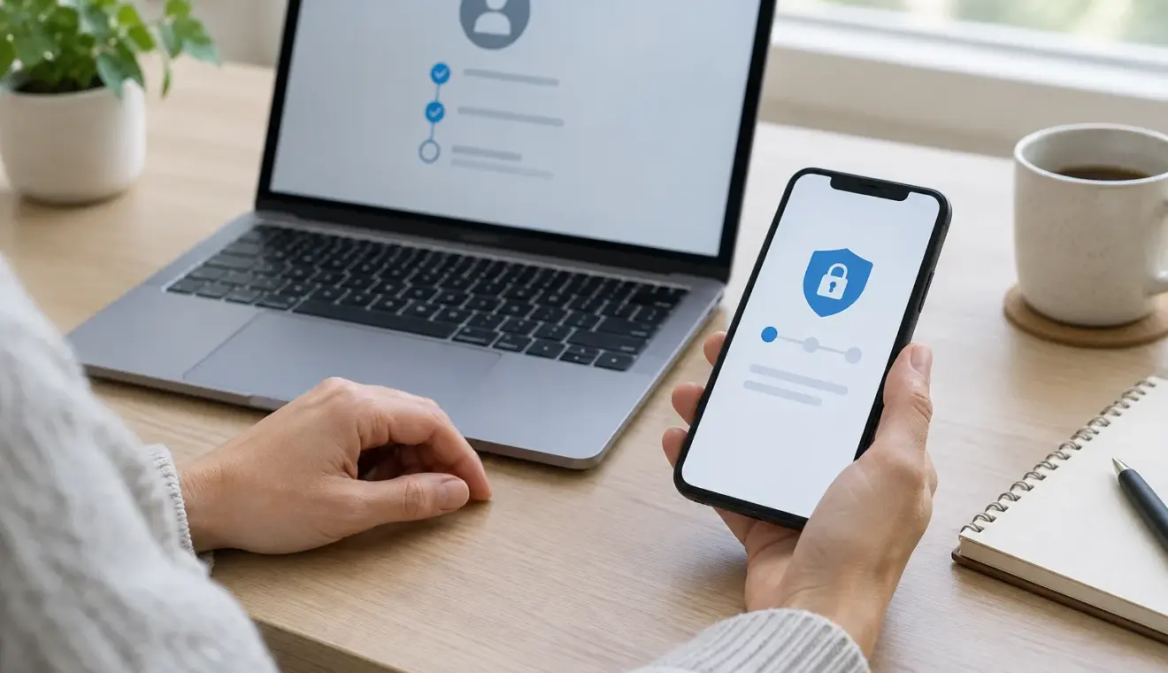 Un ordinateur portable et un téléphone posés sur un bureau pour illustrer la récupération d’accès à un compte.