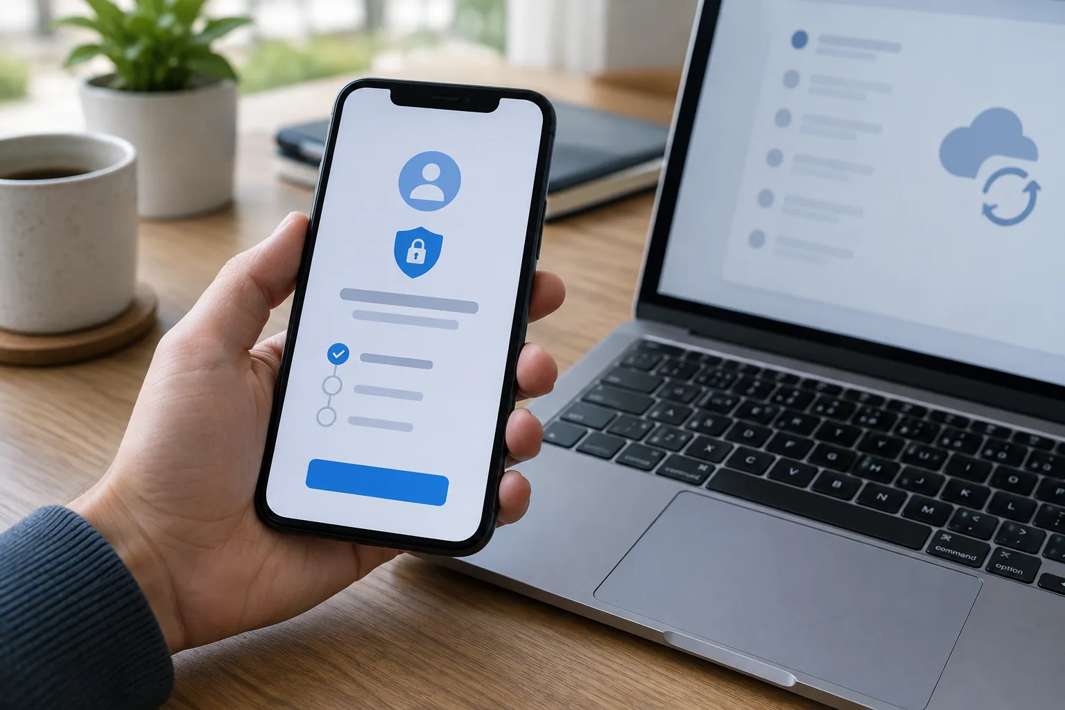 Un usager consulte une procédure de récupération de compte sur son téléphone et son ordinateur.