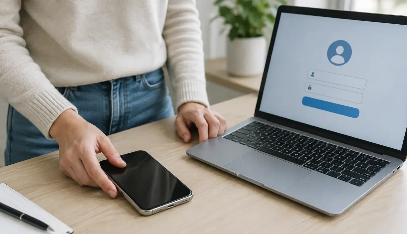 Un téléphone de remplacement posé près d’un ordinateur ouvert sur une page de connexion générique.