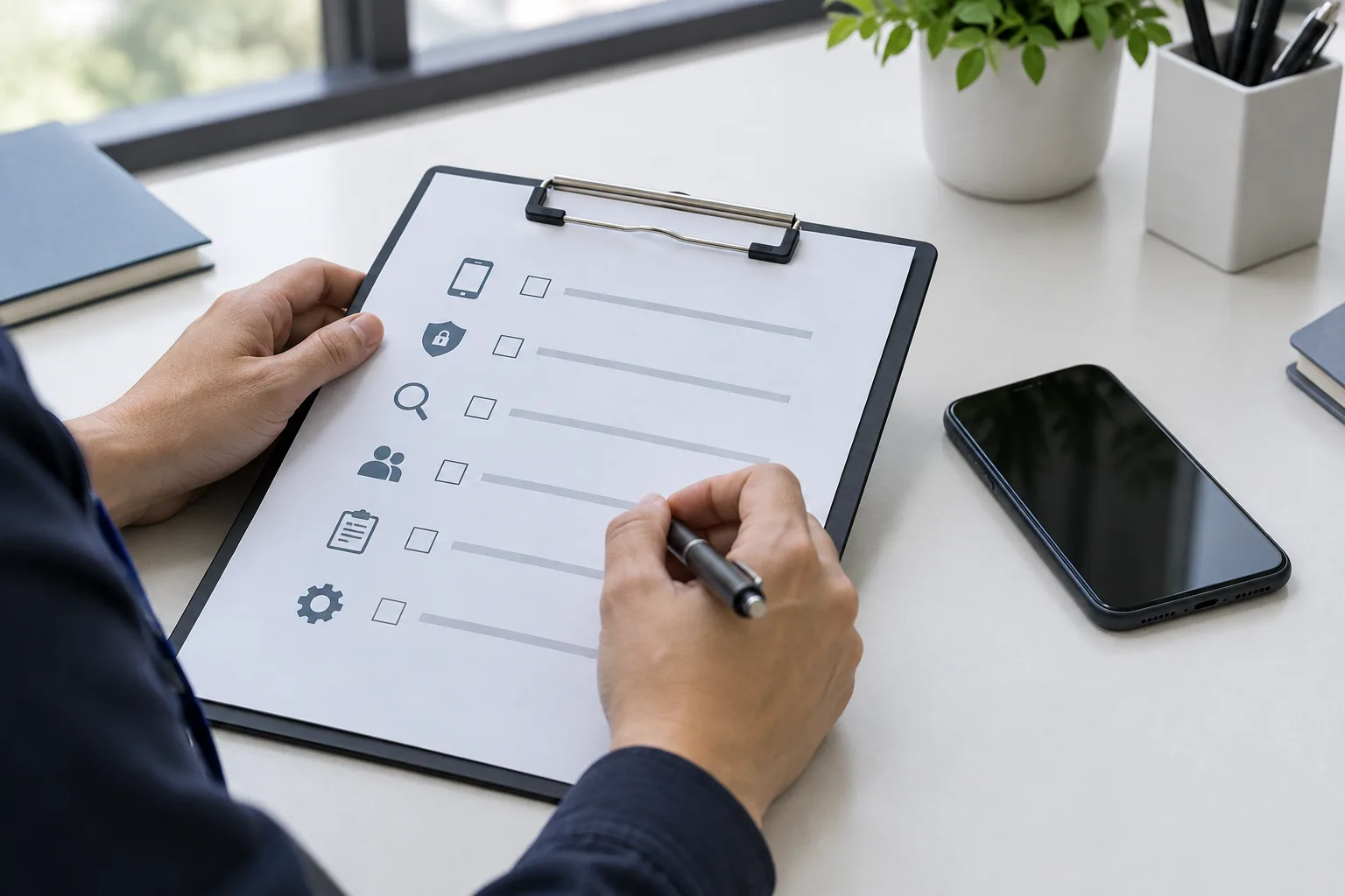 Des mains consultent une liste de vérification à côté d’un téléphone éteint.