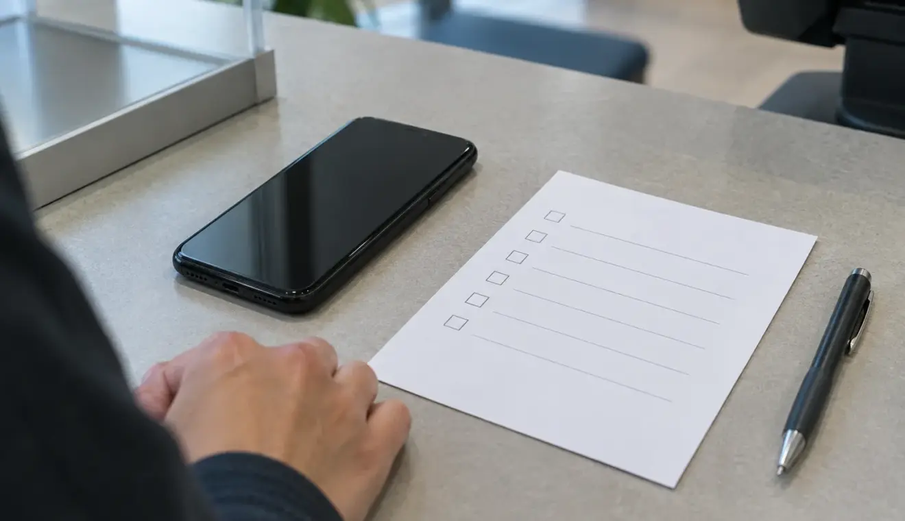 Un téléphone posé près d’une liste de vérification sur un bureau.