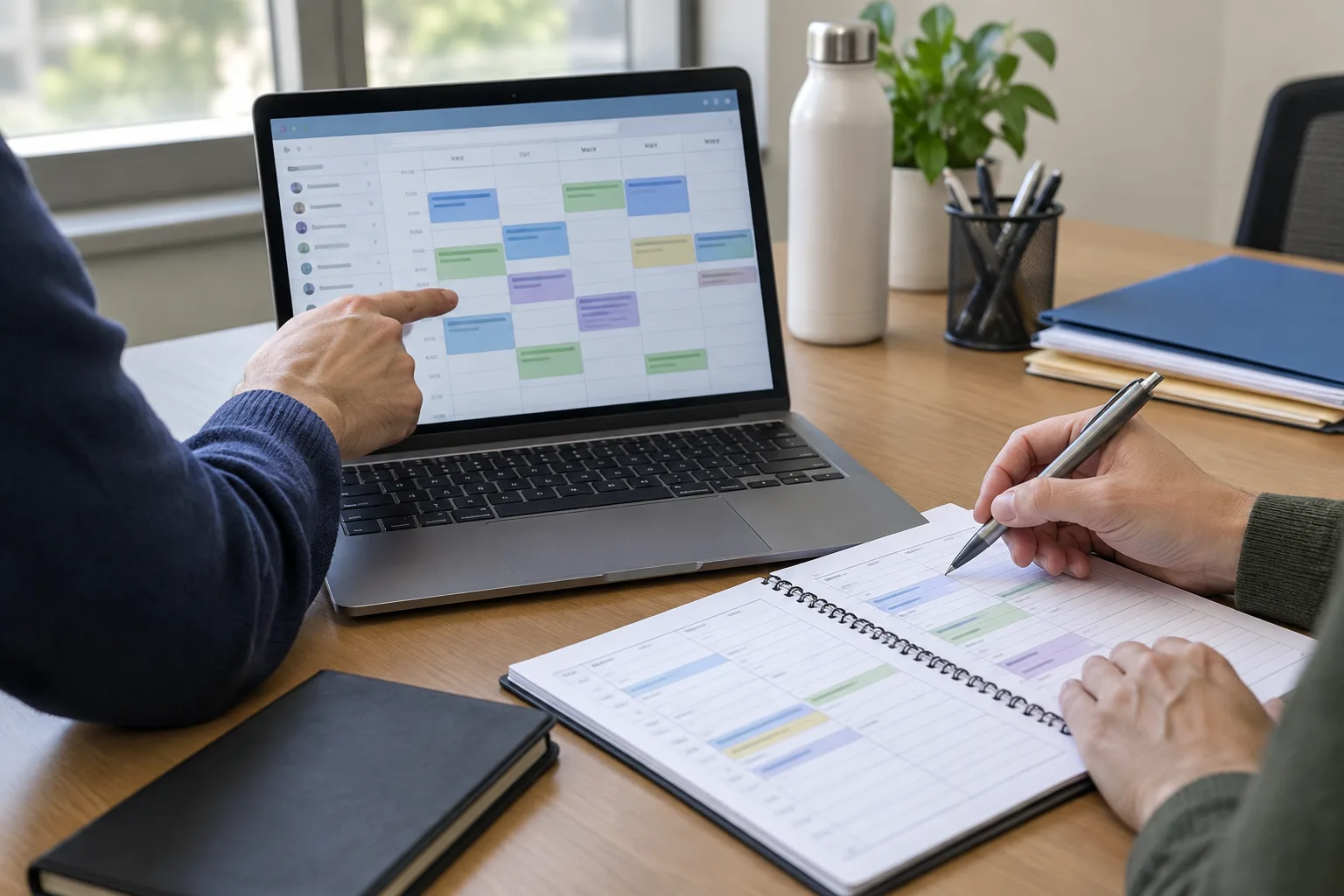 Des mains consultent un calendrier de rendez-vous sur un ordinateur, à côté d’un agenda papier.