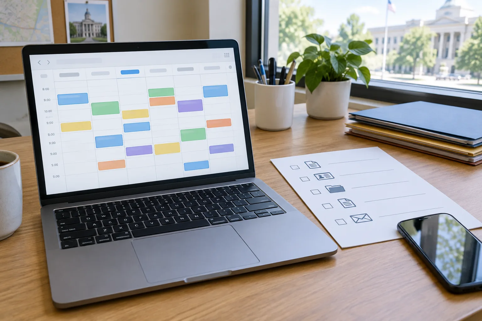 Un calendrier de réservation générique affiché sur un ordinateur, avec un téléphone et une liste de préparation à proximité.