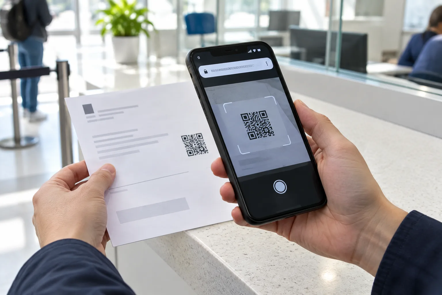 Une personne vérifie un QR code imprimé sur un courrier avant d’ouvrir le lien.
