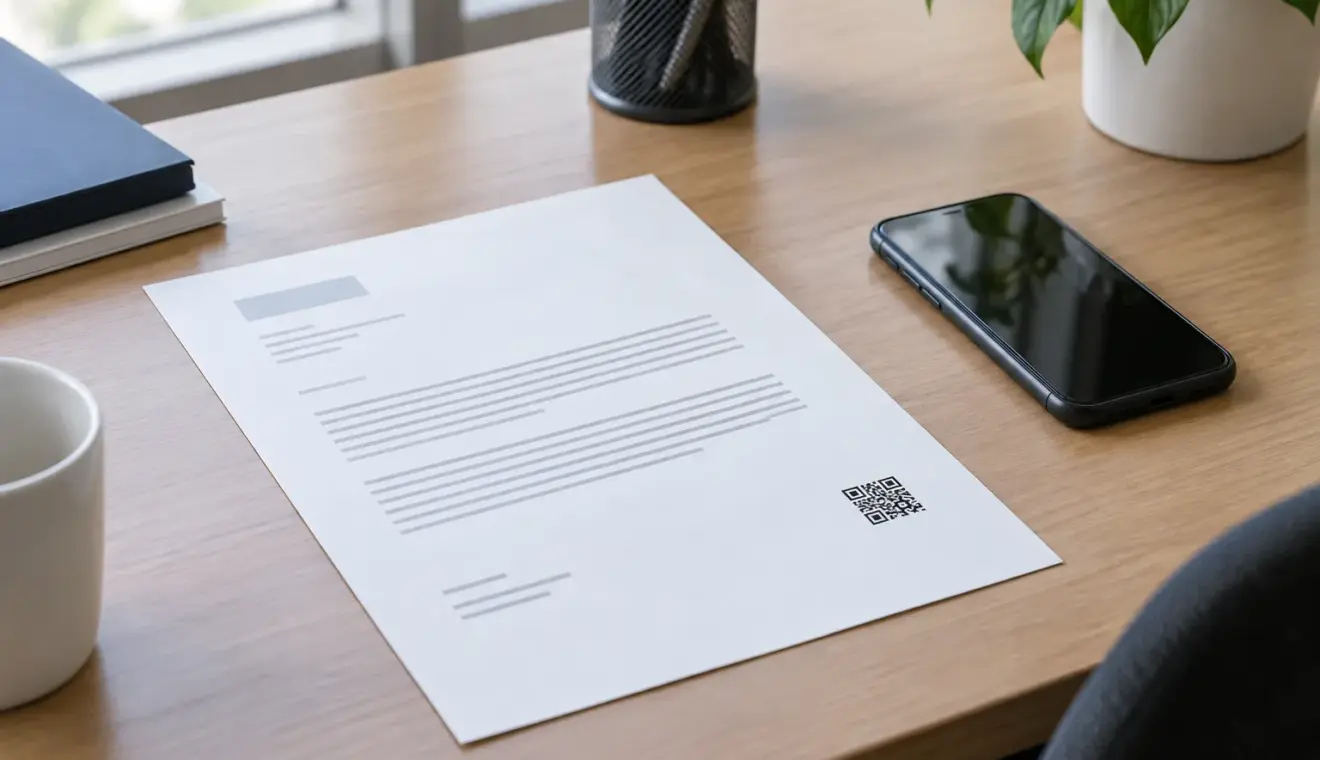 Un courrier administratif avec un QR code posé près d’un téléphone.