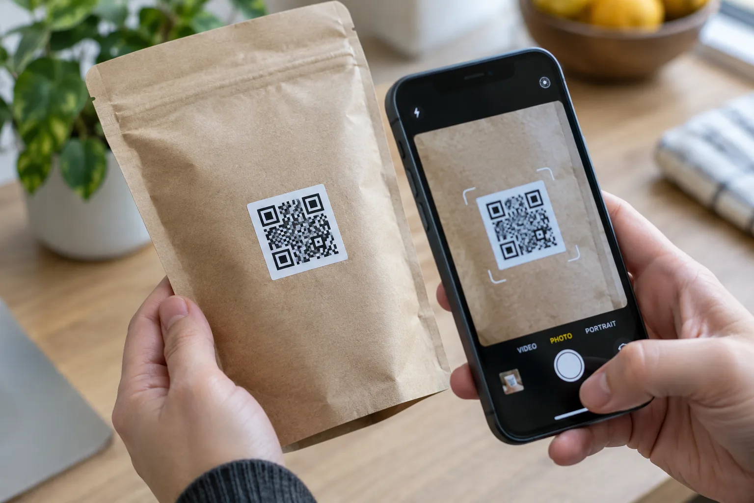 Téléphone scannant un code imprimé sur une zone plane d’un emballage.