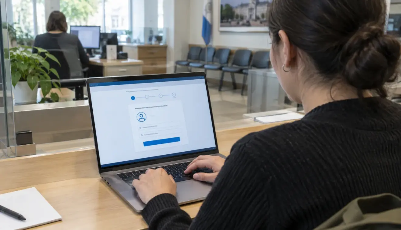 Une personne consulte un ordinateur lors d’un échange avec un agent dans un espace d’accueil public.