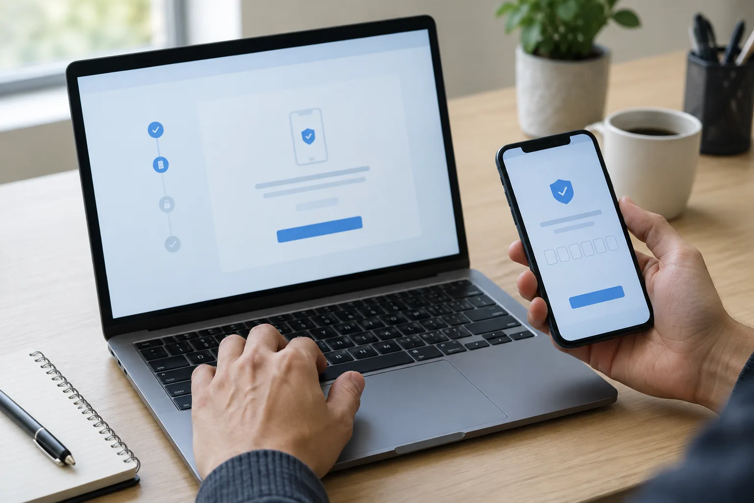 Un usager consulte son ordinateur et son téléphone pendant une procédure de récupération de compte.