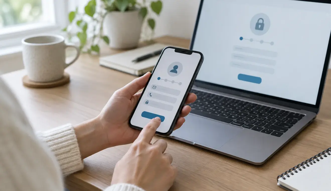 Des mains utilisent un téléphone et un ordinateur pour retrouver l’accès à un compte en ligne.