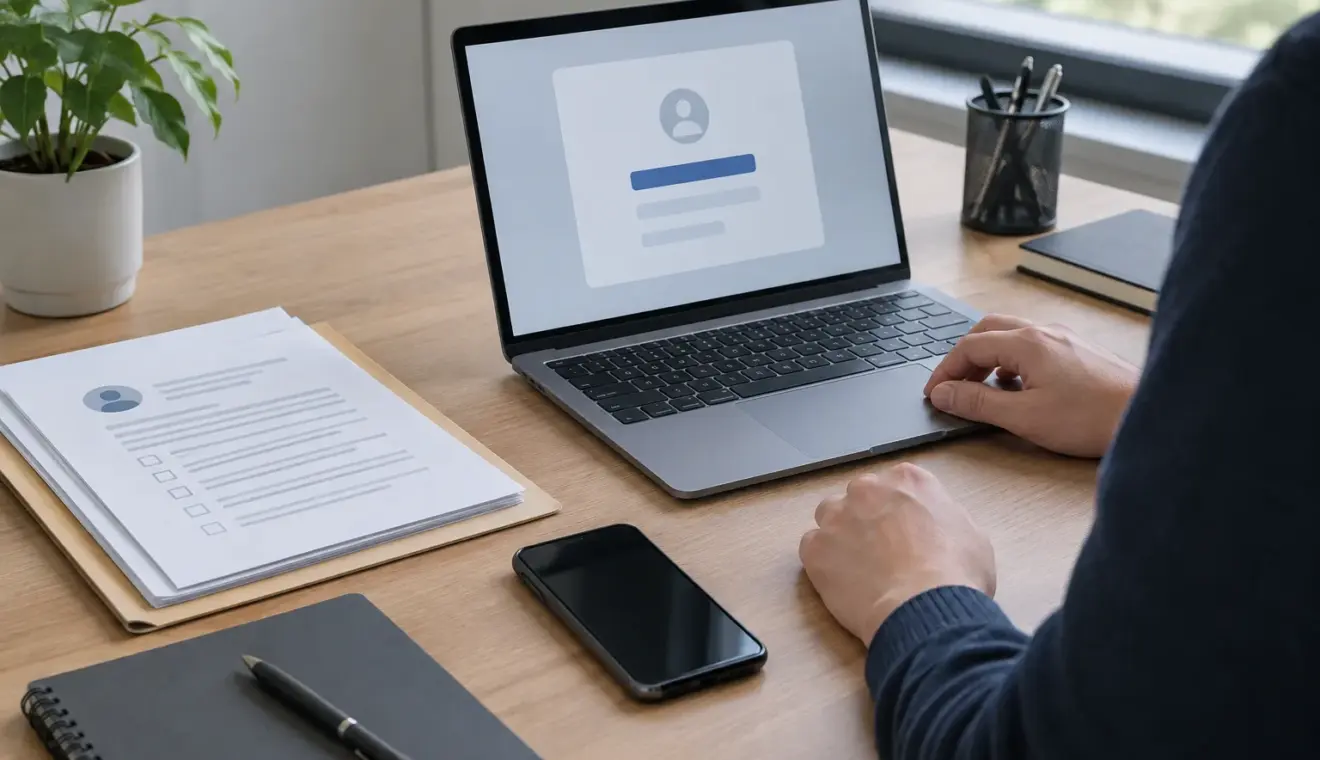 Un poste de travail avec un ordinateur, un téléphone et des documents pour traiter une récupération de compte.