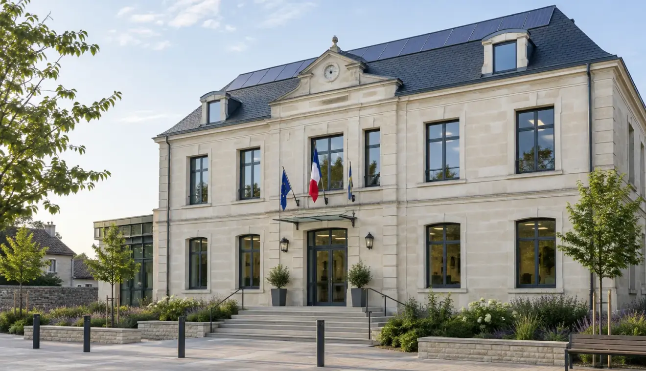 Bâtiment public rénové avec des fenêtres performantes et des panneaux solaires en toiture.