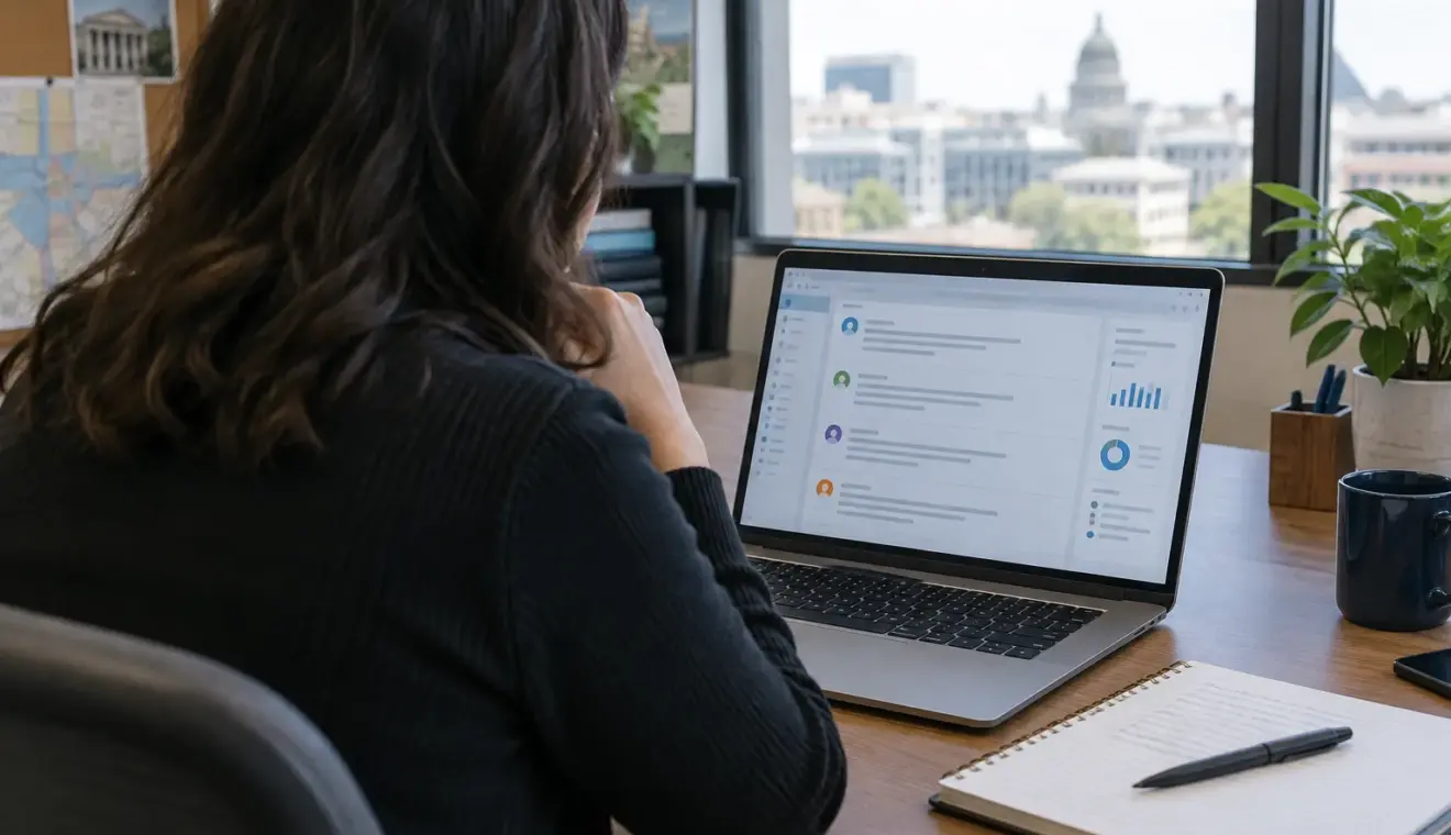 Un agent consulte des messages en ligne sur un ordinateur dans un bureau de collectivité.