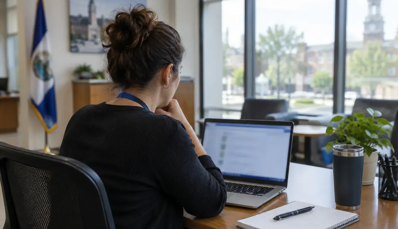 Un agent municipal consulte des avis en ligne dans un bureau de service public.
