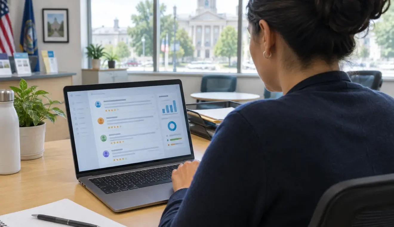 Un agent municipal consulte des retours en ligne à son bureau.