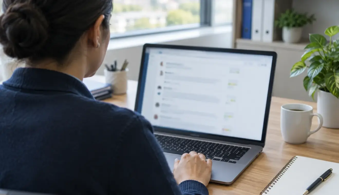 Un agent territorial consulte des retours en ligne sur un ordinateur dans un bureau.